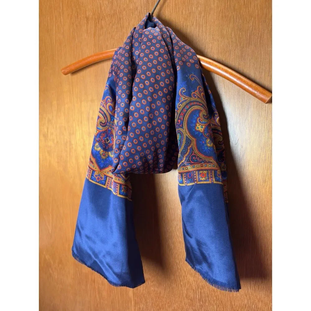 80s Vintage Bill Blass Navy + Orange Patterned 100% Silk + Wool Rectangle Scarf